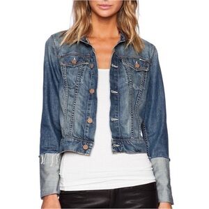 MOTHER Two-Tone Blue Distressed Cropped Denim Jacket